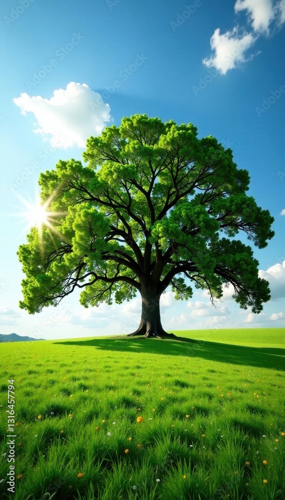 Majestic oak tree dominates field, full sun, perfect crown, solitary, outdoor, summer Majestic oak tree dominates field, full sun, perfect crown, solitary, outdoor, summer