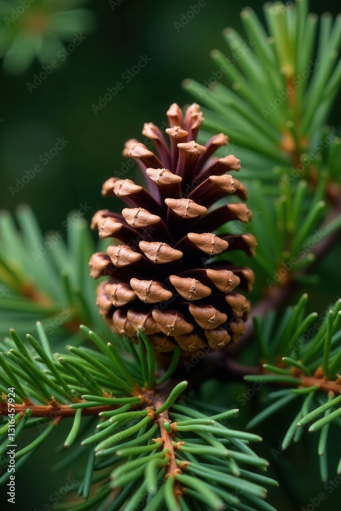 Fototapeta premium Mature pine cone resting on spruce branches, natural light, natural, woodland