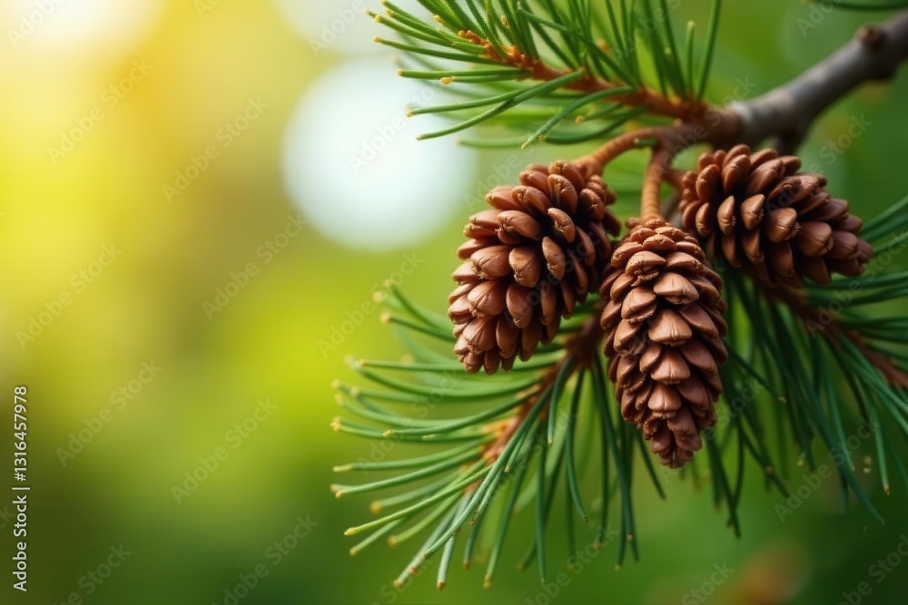 Mature pine cones clustered on a branch, sunlight dappled , wild, environment Mature pine cones clustered on a branch, sunlight dappled , wild, environment