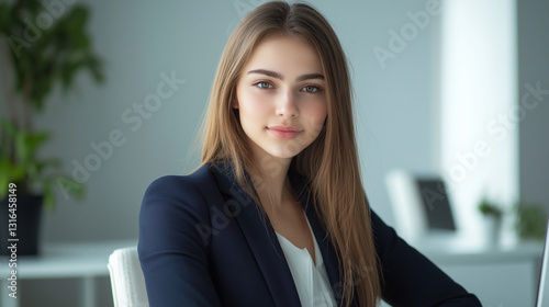 Navy-Blazer-Wearing Young Female Executive with a Confident Gaze, Working at a Stylish White Desk under the Soft Illumination of Left-Side Window Light Free Download Navy-Blazer-Wearing Young Female Executive with a Confident Gaze, Working at a Stylish White Desk under the Soft Illumination of Left-Side Window Light - GFXLoad