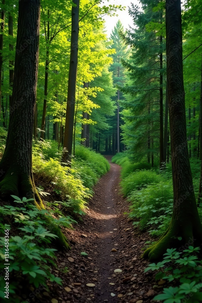 Obraz premium Narrow trail, decaying logs, dense canopy, Algonquin Provincial Park , Ontario, undergrowth