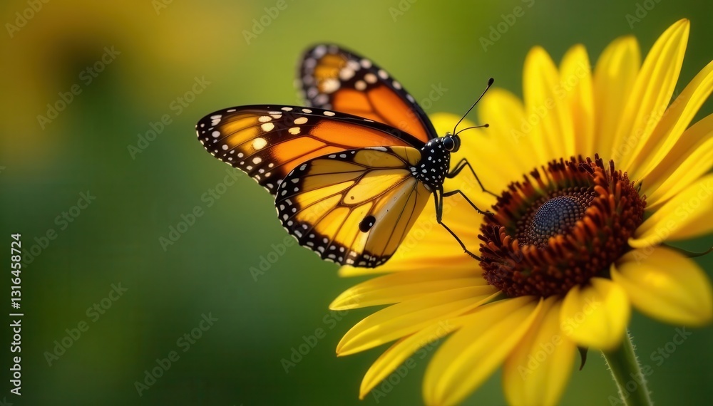 Orange monarch butterfly perched on yellow sunflower, wings spread, nature, vibrant, pollinator Orange monarch butterfly perched on yellow sunflower, wings spread, nature, vibrant, pollinator