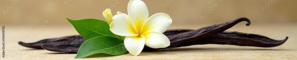 Obraz premium Freshly picked vanilla pod with delicate white flowers, vanilla pod, flower