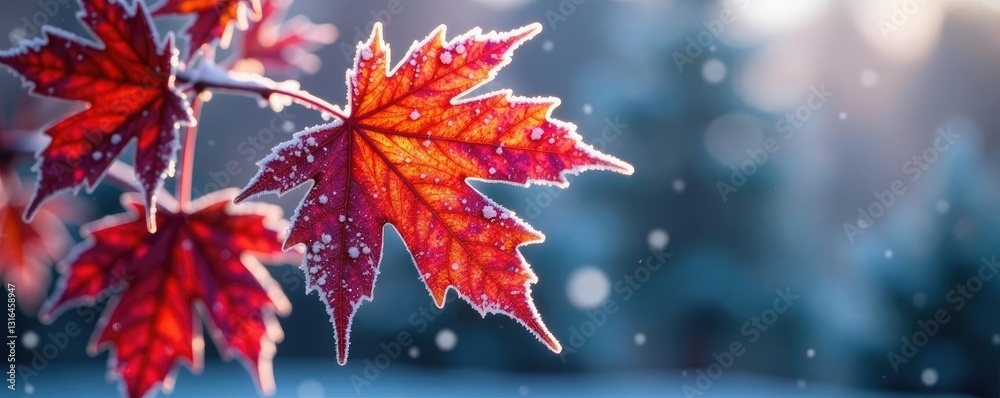 Frost covered maple leaves with delicate ice crystals, tree, landscape, crystals