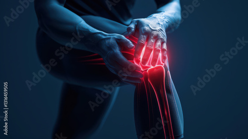 person clutching their knee in pain, highlighted by red glow, indicating injury or discomfort. image conveys sense of urgency and physical strain