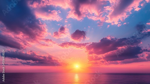 A beautiful seascape showing a sunset sky over calm ocean waters