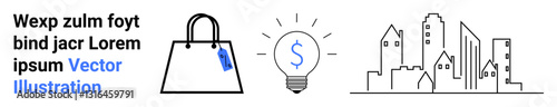 Shopping bag with a tag, lightbulb with dollar sign, and an outlined city skyline. Ideal for retail, finance, innovation, urban planning, real estate, startups marketing flat landing page banner