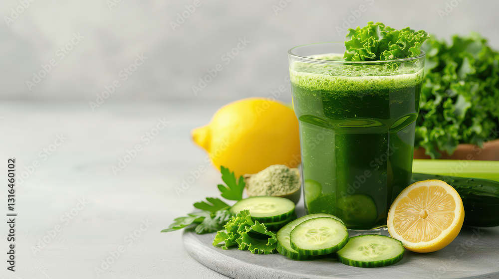 Fototapeta premium refreshing detox green juice with kale, celery, cucumber, and lemon on wooden board