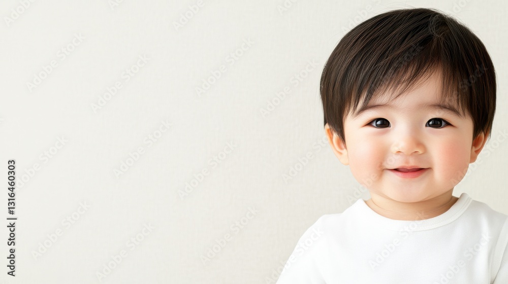 A joyful toddler with dark hair smiles warmly against a light background, radiating innocence and happiness. A joyful toddler with dark hair smiles warmly against a light background, radiating innocence and happiness.