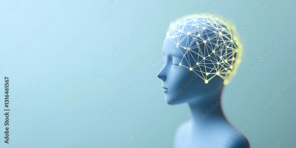 Fototapeta premium Large Language Model Artificial Intelligence Speech Recognition. Abstract digital head with neural connections illuminated.