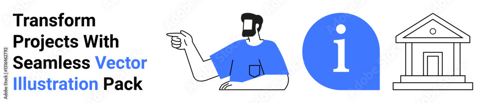 Man pointing in blue attire, info icon in circular shape, and classical courthouse outline. Ideal for education, law, project guidance, navigation, institutional support, tutorial flat landing page Man pointing in blue attire, info icon in circular shape, and classical courthouse outline. Ideal for education, law, project guidance, navigation, institutional support, tutorial flat landing page