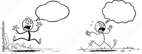 Two stick figures are running in panic with empty thought bubbles above their heads Use for expressing fear or anxiety.