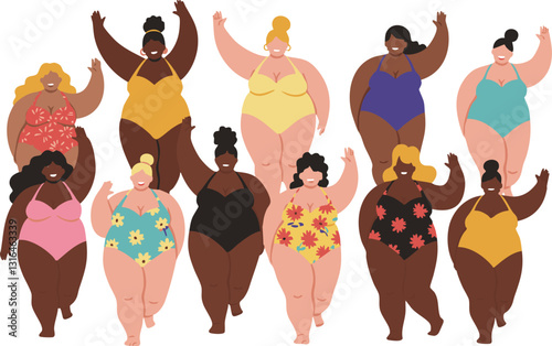 Diverse group of plus size women in colorful swimsuits wave their hands happily, great for body positivity concepts.