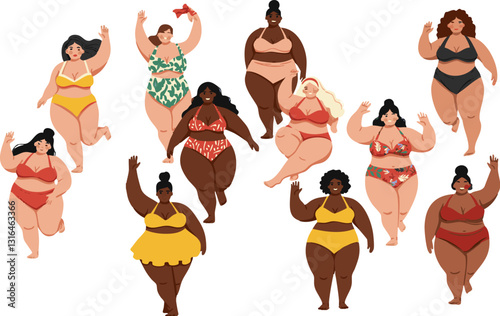 A joyful group of plus size women in diverse swimsuits and skin tones are waving their hands Perfect for inclusive summer content.
