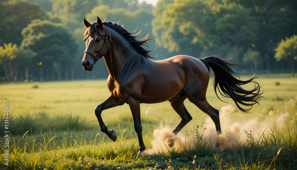 Horse Galloping Freely Across Grassy Field with Dust Clouds Horse Galloping Freely Across Grassy Field with Dust Clouds