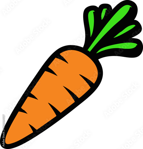 Cheerful cartoon carrot with bold outlines and bright colors stands out on a white backdrop Ideal for health food or educational designs.