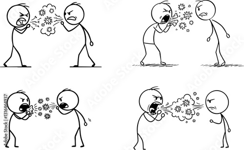 Four drawings of stick figures coughing and sneezing showing how germs and viruses spread in the air It's perfect for illustrations on disease and.