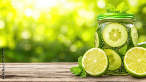 A refreshing jar of lime-infused water with mint leaves, set against a bright green background, evoking a sense of natural vitality.