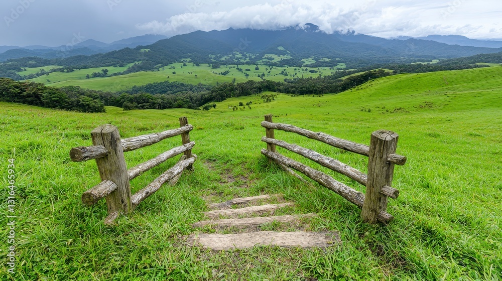 Scenic Green Landscape with Rustic Wooden Fence and Mountainous Background under Cloudy Sky Scenic Green Landscape with Rustic Wooden Fence and Mountainous Background under Cloudy Sky