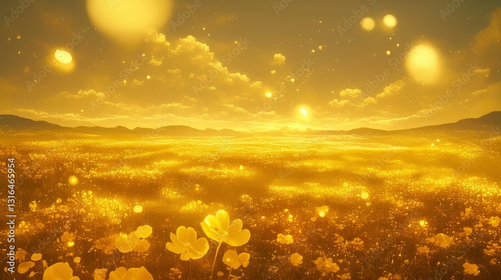 Fototapeta premium Golden Hour Fantasy Meadow Surreal Sunset Landscape with Glowing Flowers