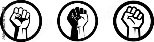 Three graphic raised fists inside circular frames symbolize power and unity, ideal for social justice and activism designs.