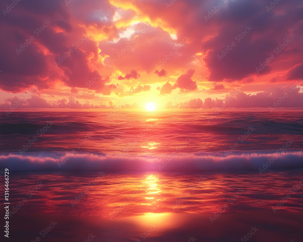 Serene beach at dusk featuring the sunset reflecting on the ocean surface Serene beach at dusk featuring the sunset reflecting on the ocean surface