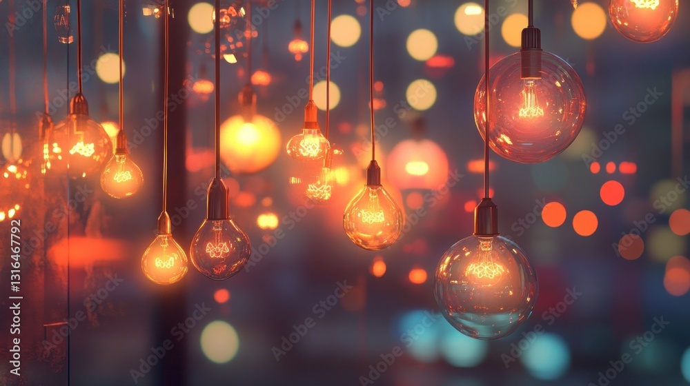 Warm, inviting glow of Edison bulbs against a blurred city backdrop Warm, inviting glow of Edison bulbs against a blurred city backdrop