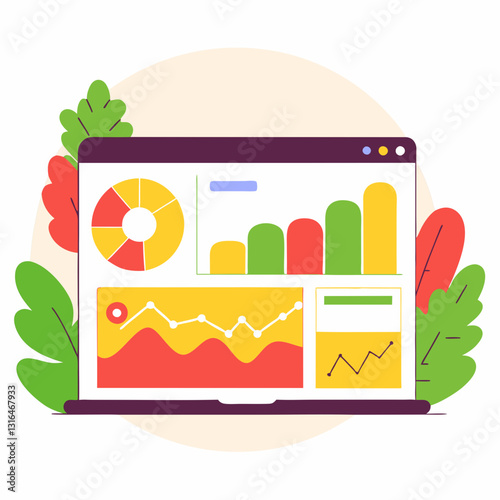 Generative ai. a laptop with a colorful dashboard on the screen, surrounded by leaves. The dashboard is likely related to SEO, as indicated by the title of the image.
