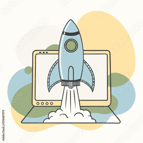 Generative ai. a laptop with a rocket taking off from the screen, surrounded by a colorful background