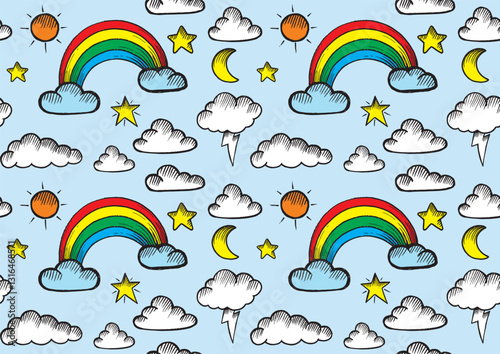 Hand-drawn seamless pattern with cute clouds and rainbow