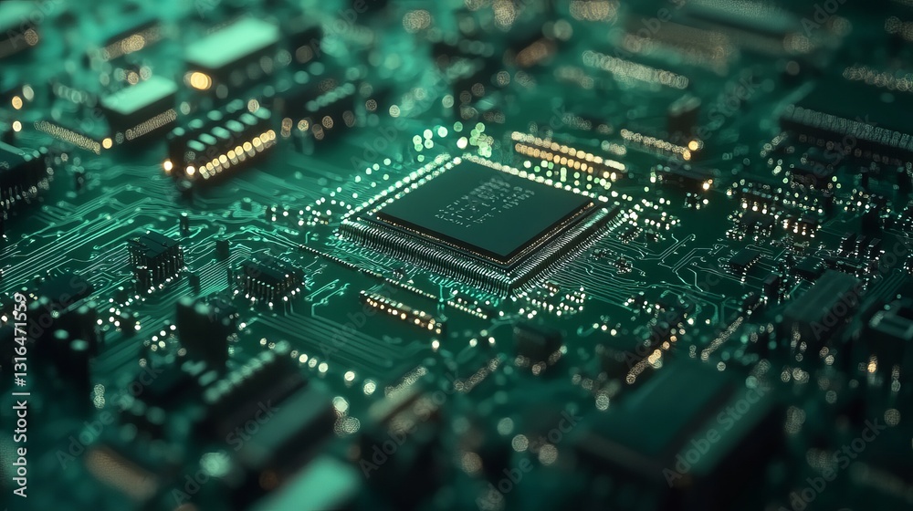 High Tech Circuit Board Green Technology Digital Microchip Electronic Components Modern Technology Innovation Advanced Computer Hardware System High Tech Circuit Board Green Technology Digital Microchip Electronic Components Modern Technology Innovation Advanced Computer Hardware System