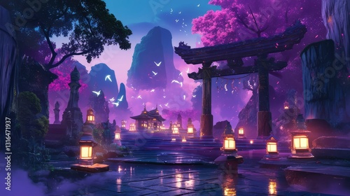 Enchanting Japanese Garden at Dusk Tranquil Pathway to a Mystical Shrine