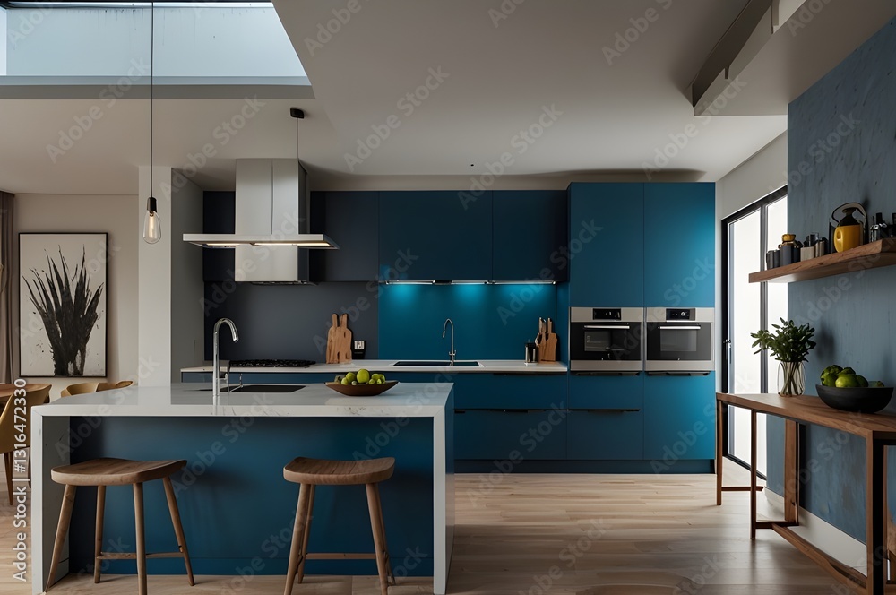 Fototapeta premium Modern blue kitchen interior with furniture,kitchen interior with white wall.