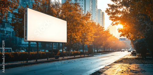 Urban advertising billboard on a city street at golden hour with autumn trees