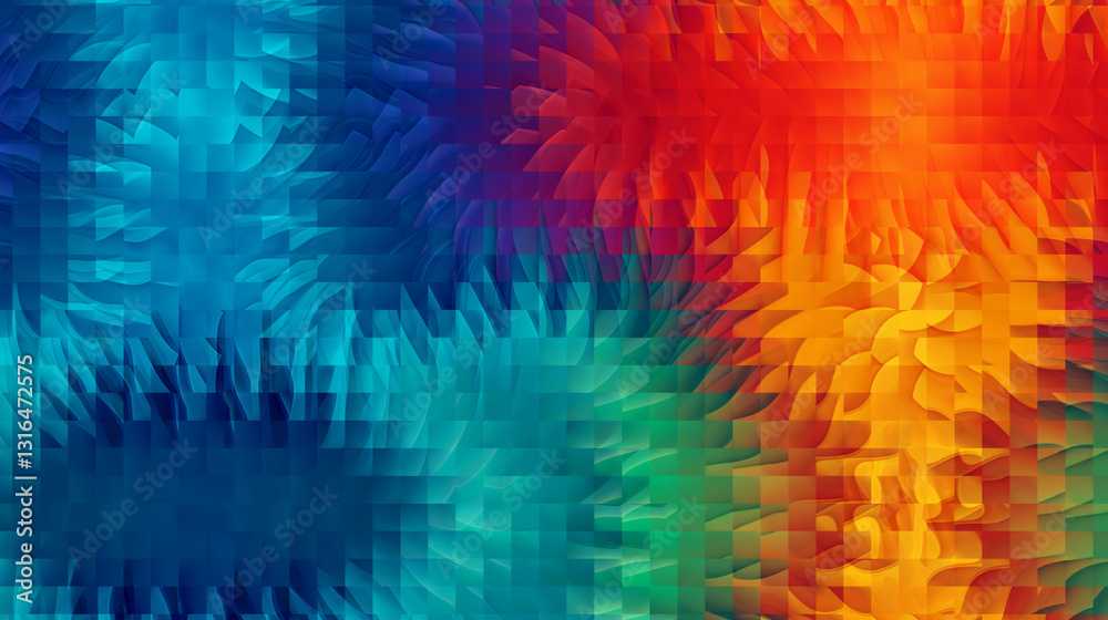 Fototapeta premium Abstrakte Textur in leuchtenden Farben: Türkis, Rot, Orange, Blau und Grün. Dynamisches Muster mit wellenförmigen Strukturen, ideal für Hintergründe und Design