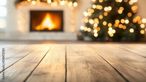 Cozy living room with glowing fireplace and festive christmas tree for holiday ambiance