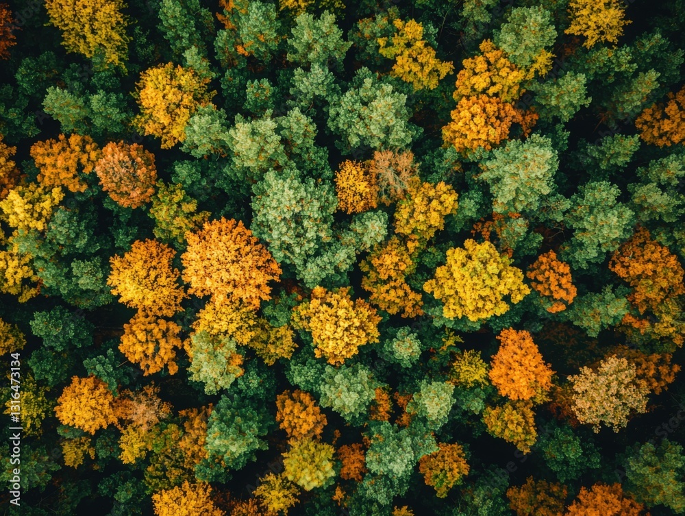 Naklejka premium Vibrant Autumn Forest Canopy Aerial View, Symbolizing Natures Beauty and Seasonal Change. Ideal for Nature Documentaries, Fall-Themed Designs, and Environmental Awareness Campaigns.