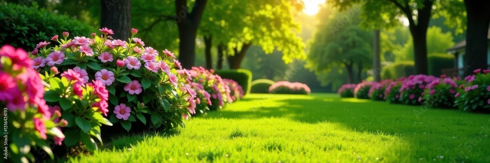 Obraz premium Flowering shrubs, gentle breeze, sun-dappled lawn, flowers, vibrant, picture