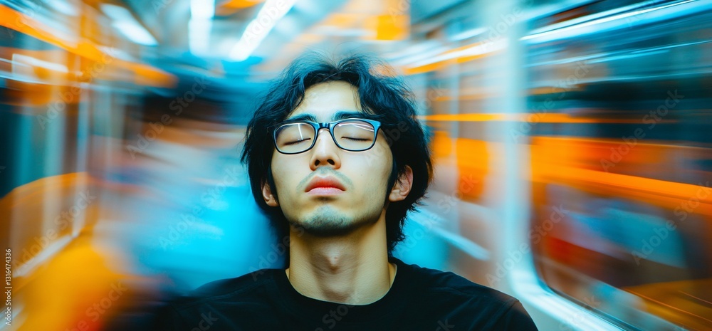 Obraz premium Asian man with glasses asleep on a train, blurred speed motion lines behind