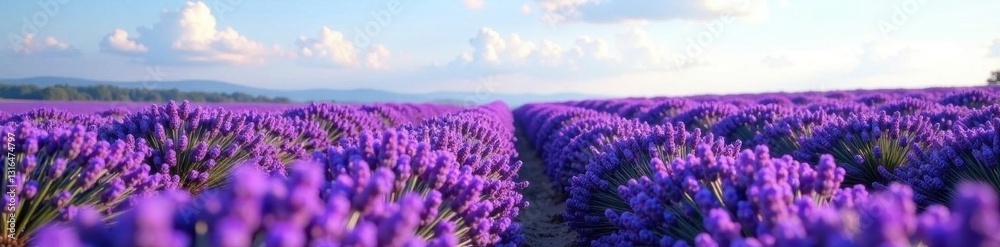 Obraz premium Rows of lavender sway gently, deep purple hues under a cloudless sky, aromatic, nature