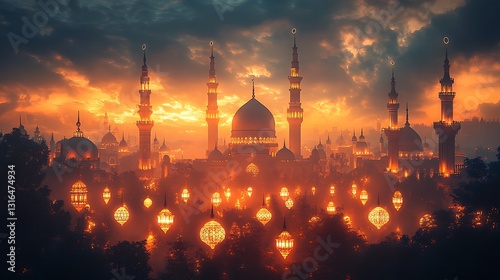  Majestic Mosque with Illuminated Minarets at Sunset