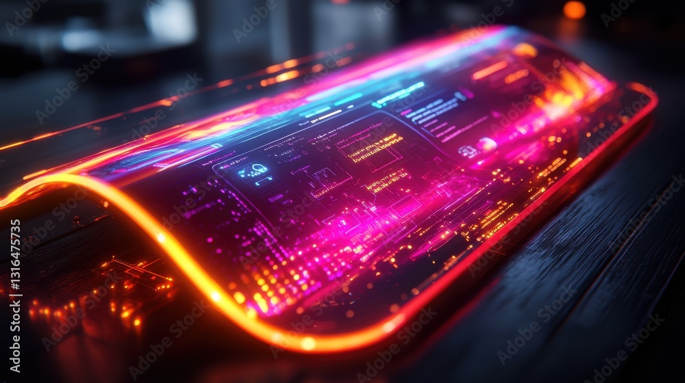 Futuristic Interactive Display with Neon Colors and Modern Style, Technology Visualization in a Dark Environment Futuristic Interactive Display with Neon Colors and Modern Style, Technology Visualization in a Dark Environment