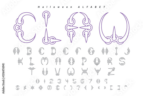Halloween font letters alphabet, poster with dark night forest