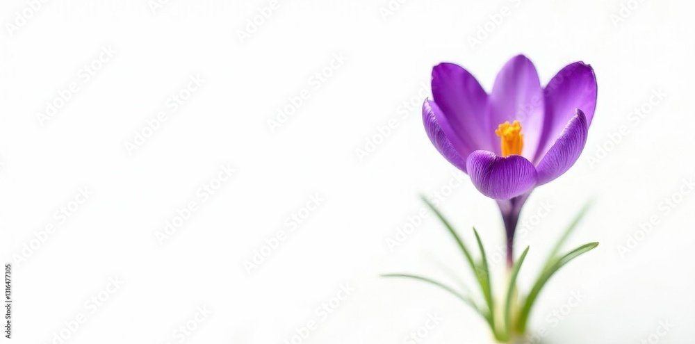 Fototapeta premium Solitary purple crocus, vibrant saffron bloom against pure white , nature, isolated, macro