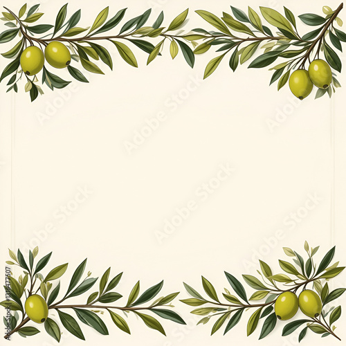 Olive leaves frame border line or divider of vector tree branches and vines with green olive fruits. Vegetable oil label frame border line, italian restaurant menu divider or wedding invitation decor