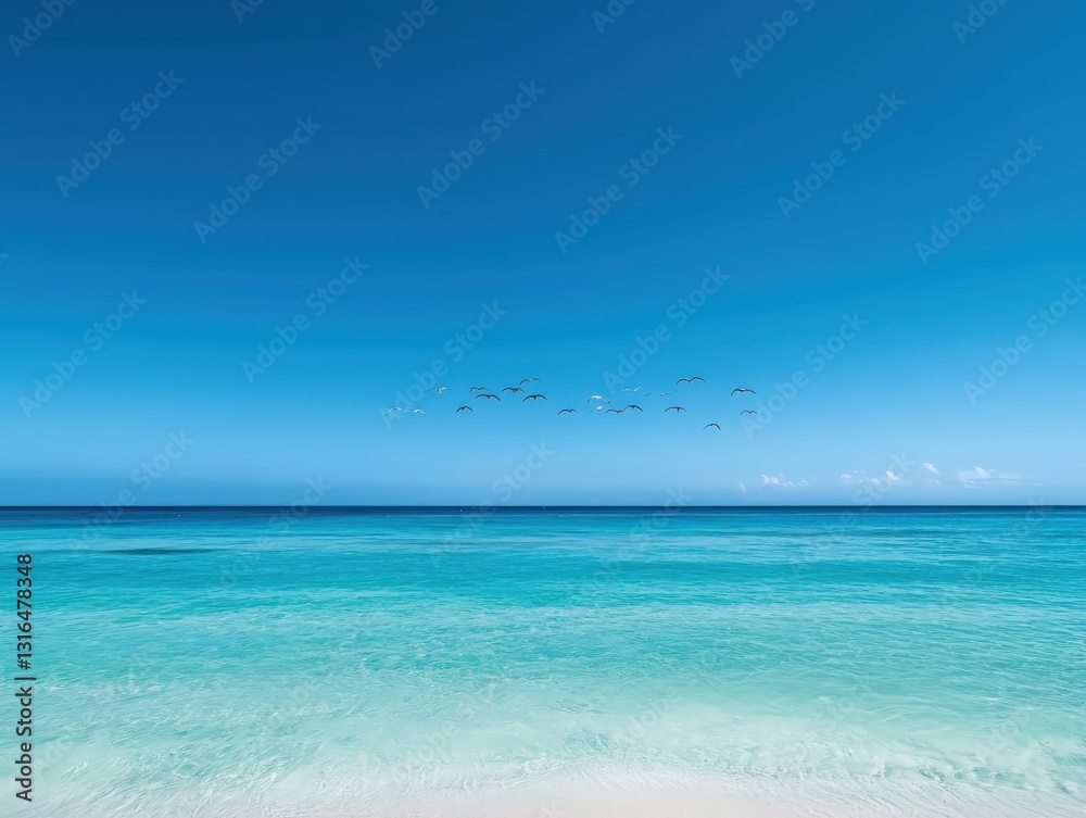 Fototapeta premium Serene Turquoise Ocean Scene with Birds in Flight, Symbolizing Tranquility and Escape. Ideal for Travel Brochures, Vacation Websites, and Relaxation Themes.