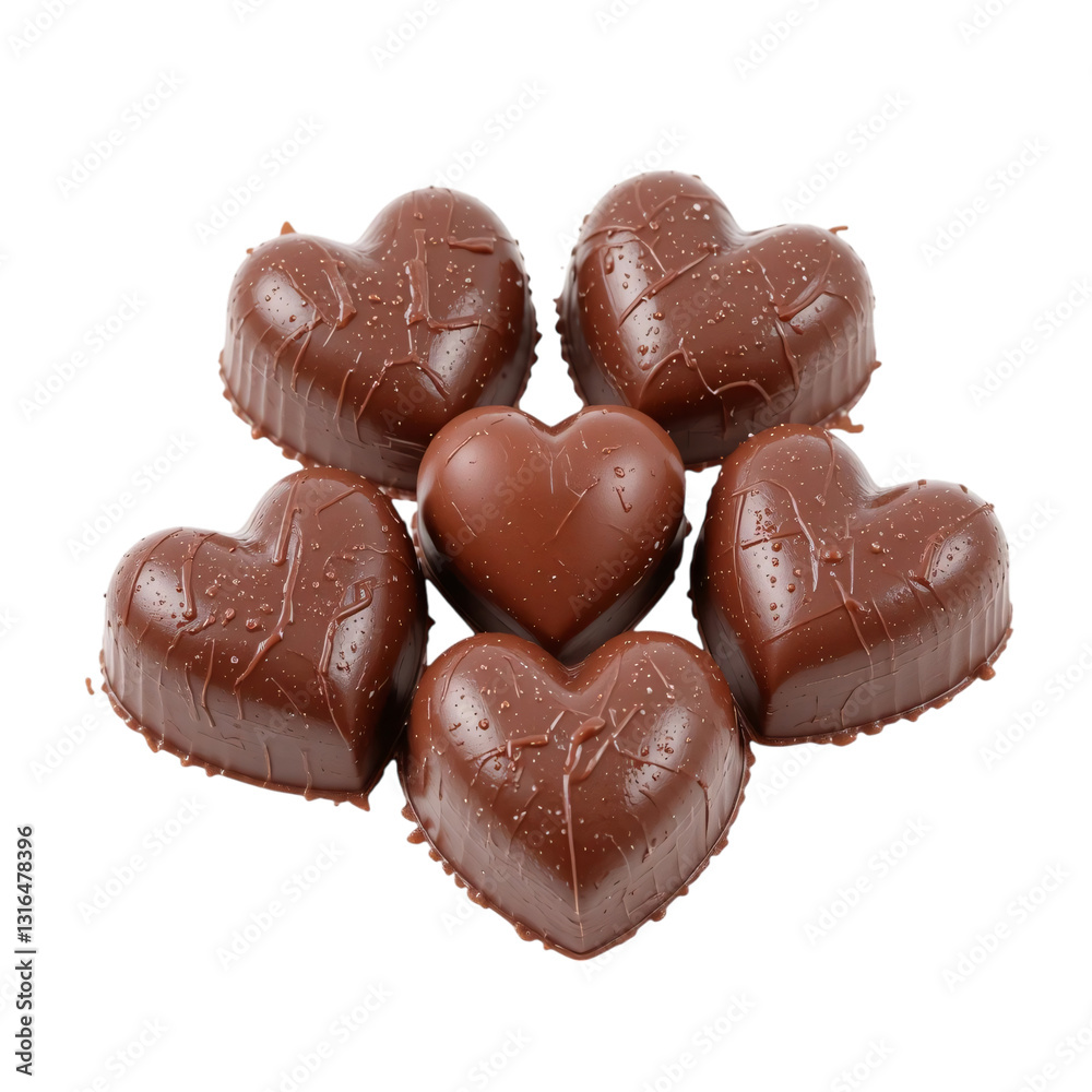 Heart shaped chocolate candies with glossy surface and rich texture isolated on transparent background Heart shaped chocolate candies with glossy surface and rich texture isolated on transparent background