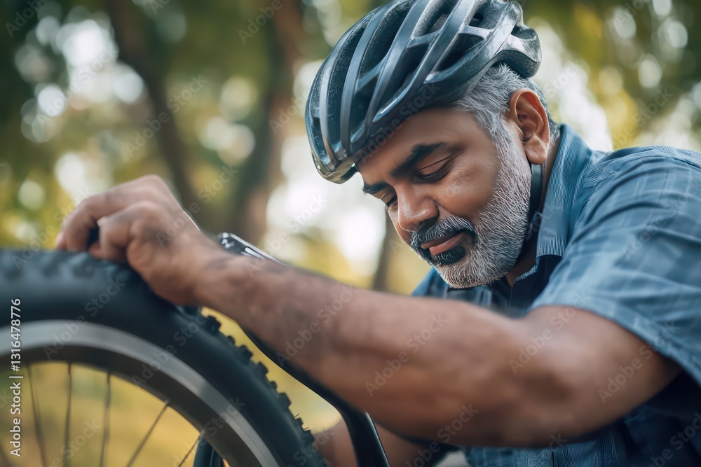 Obraz premium A mature Indian man wearing a cycling helmet and checking his bike's tires before heading out for a ride on a sunny morning, in a park or open field.