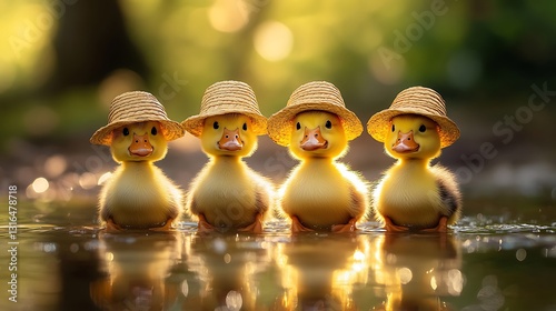 Cute baby ducklings in straw hats lined up in a shallow puddle during golden hour

