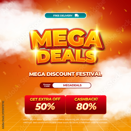 Mega Sale discount deals Orange Yellow gradient Editable text effect Confetti Cloudy style with Extra sale and Cashback simple promotional Square banner flyer poster template
